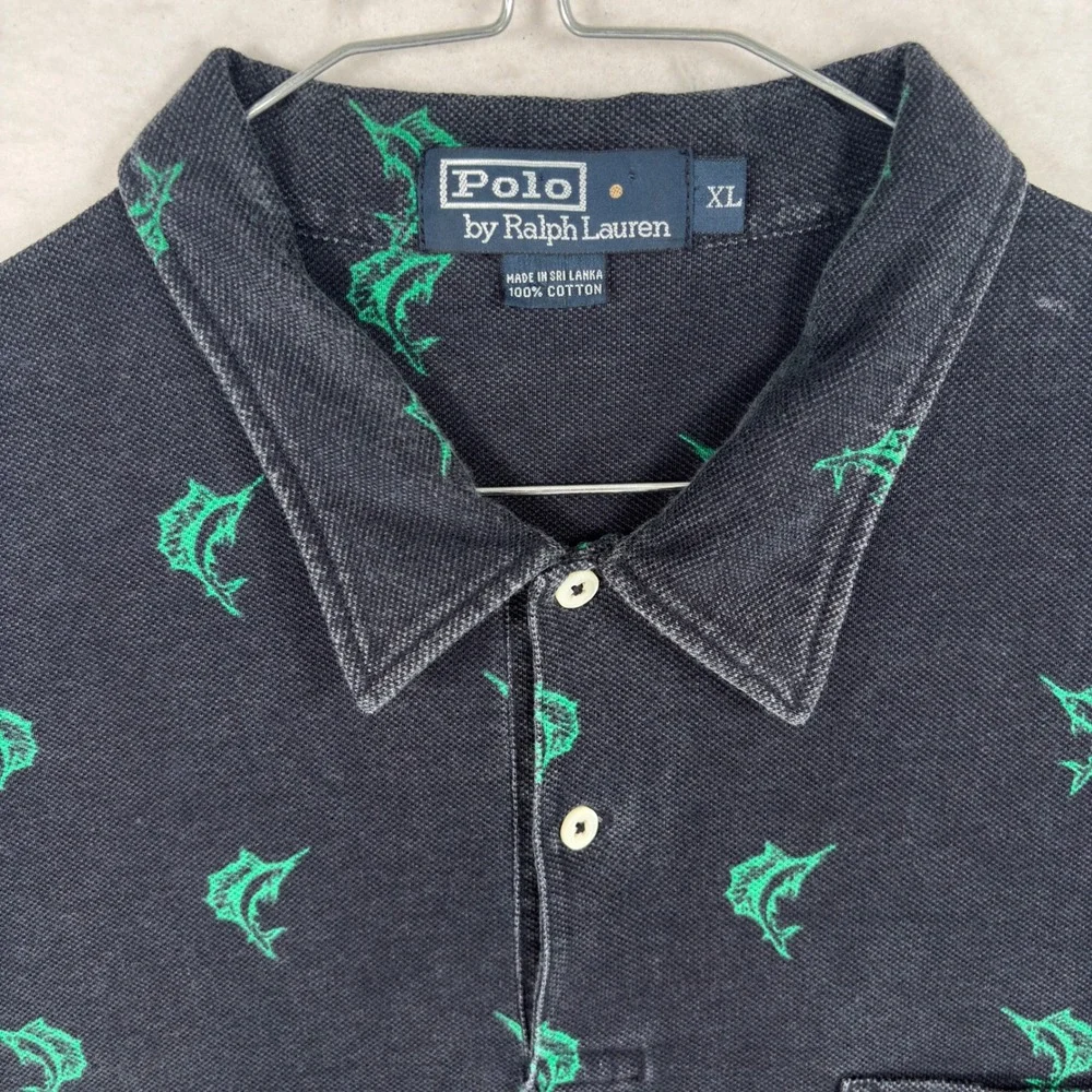 Vintage Polo Ralph Lauren Marlin Fish Print Polo Shirt XL Black Green Cotton